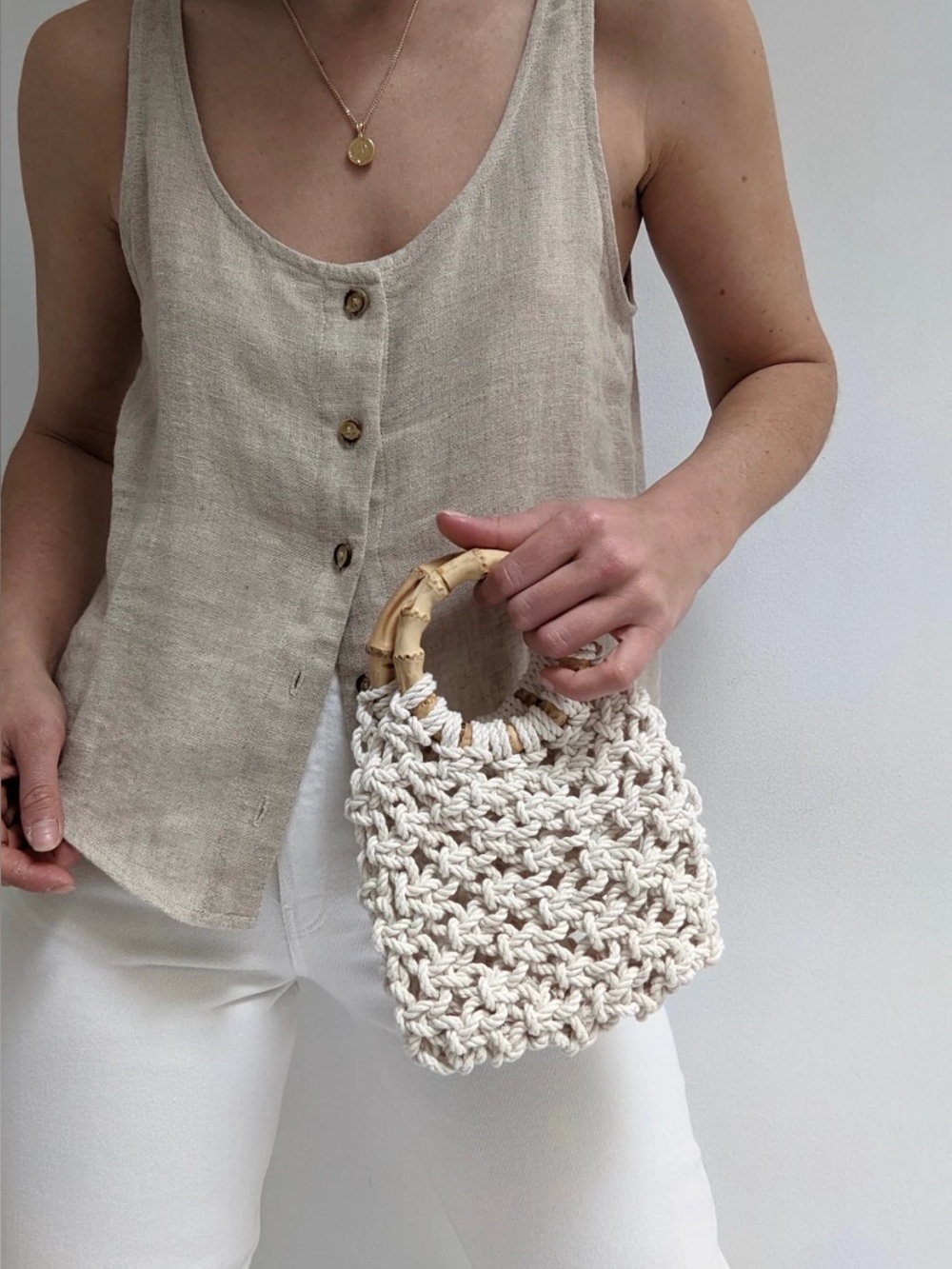 Vintage crochet mini bag with bamboo handles